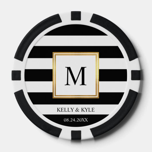 Goldrahmen Schwarz-weiße Streifen Monogram Wedding Pokerchips (Vorderseite)