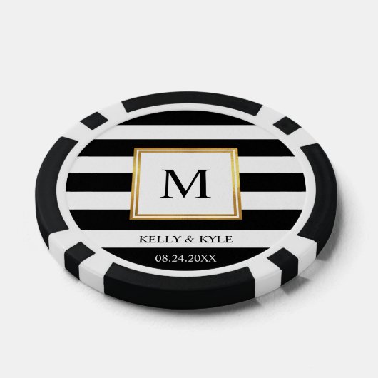Goldrahmen Schwarz-weiße Streifen Monogram Wedding Pokerchips (Einzeln)