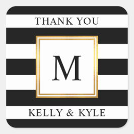 Goldrahmen Schwarz-weiße Streifen Monogram Wedding Quadratischer Aufkleber