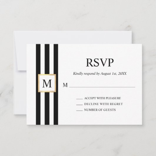 Goldrahmen Schwarz-weiße Streifen Monogram Wedding RSVP Karte (Vorderseite)