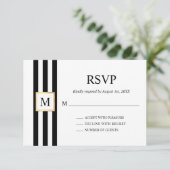 Goldrahmen Schwarz-weiße Streifen Monogram Wedding RSVP Karte (Stehend Vorderseite)