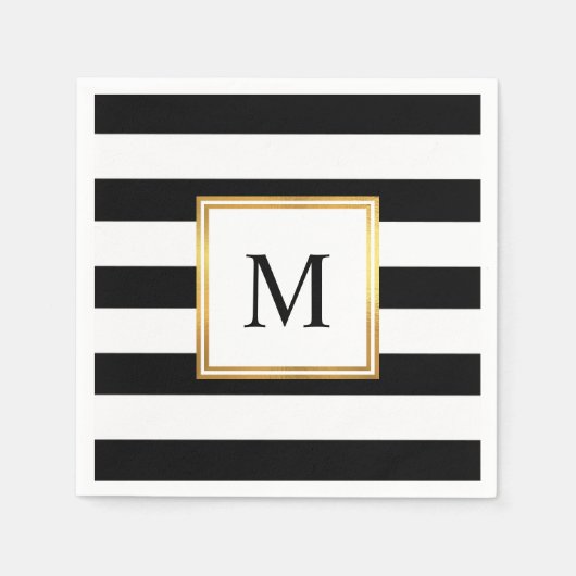 Goldrahmen Schwarz-weiße Streifen Monogram Wedding Serviette (Vorderseite)
