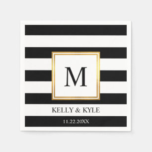 Goldrahmen Schwarz-weiße Streifen Monogram Wedding Serviette