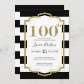 Goldrahmen Schwarze Streifen Glitzer 100. Geburtst Einladung (Vorne/Hinten)
