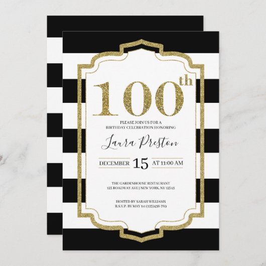 Goldrahmen Schwarze Streifen Glitzer 100. Geburtst Einladung (Vorne/Hinten)
