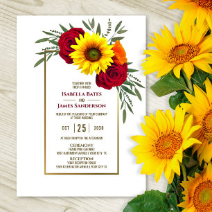 Goldrahmen Sonnenblumen Burgund Rose Hochzeit Einladung