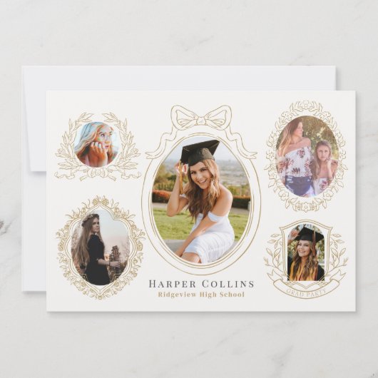 Goldrahmen und botanische Akzente Creme Abschluss Einladung (Vorderseite)