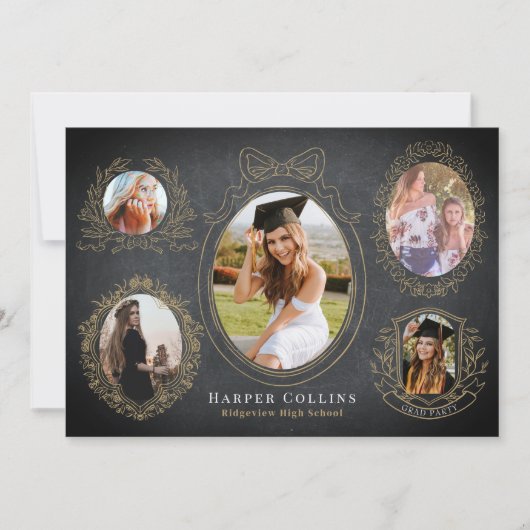 Goldrahmen und botanische Akzente Schwarzer Abschl Einladung (Vorderseite)