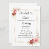 Goldrahmen und Rosa Blumen Einladung zur Hochzeit (Vorne/Hinten)