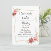 Goldrahmen und Rosa Blumen Einladung zur Hochzeit (Stehend Vorderseite)