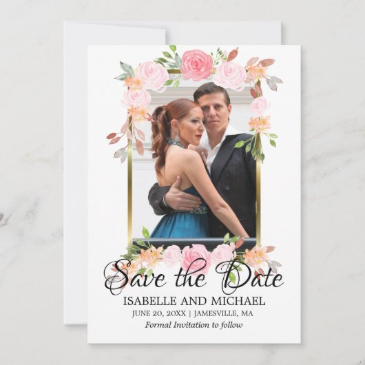 Goldrahmen und rosa Rosen Save the Date Fotokarte (Vorderseite)