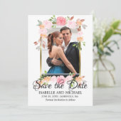 Goldrahmen und rosa Rosen Save the Date Fotokarte (Stehend Vorderseite)