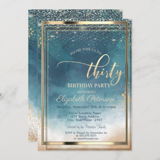 Goldrahmen Wasserfarbensplash 30. Geburtstag Party Einladung (Vorne/Hinten)