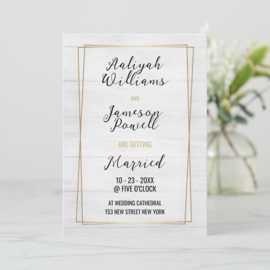 Goldrahmen, weiß rustikale Holzart Hochzeit Einladung (Stehend Vorderseite)