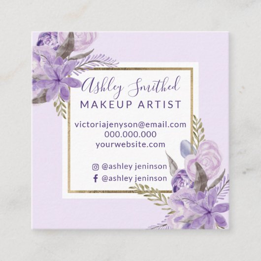GoldrahmenlavendelblumenAquarellmake-up Quadratische Visitenkarte (Vorderseite)