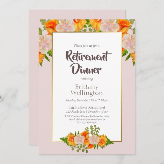 Goldrand Rosa Orangefarbenes Erziehungsfest Abende Einladung (Vorne/Hinten)