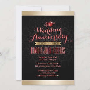 Goldrand Schwarz Damast Rubin Hochzeit Jubiläum Einladung