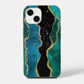 Goldrand Teal Achat Glitzermonogramm iPhone Hülle (Rückseite)
