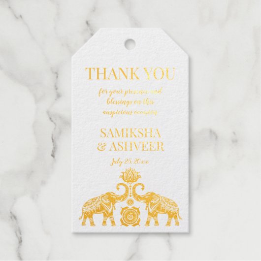 Goldrangoli Elefanten indische Hochzeit danke Geschenkanhänger (Vorderseite)