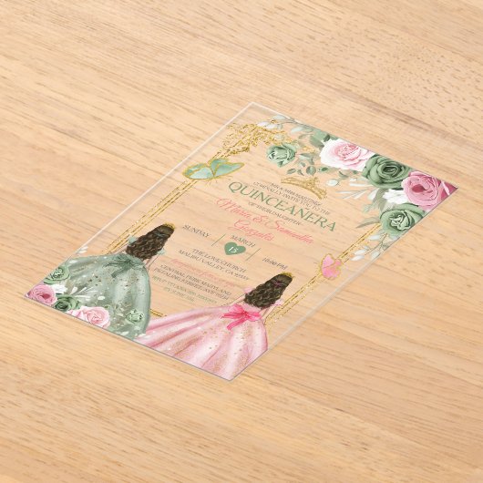Goldrausch Grün und Rosa Twin Quinceañera Acryleinladungen (Ablage )