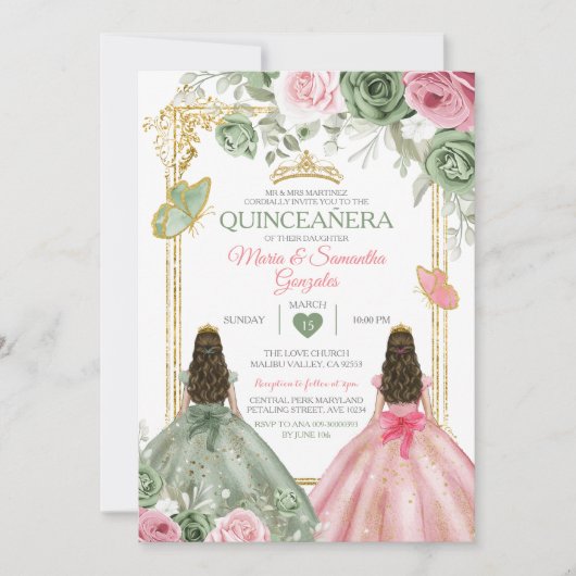 Goldrausch Grün und Rosa Twin Quinceañera Einladung (Vorderseite)