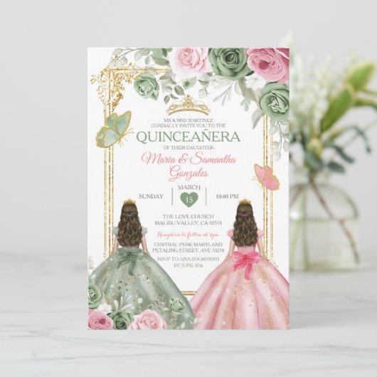 Goldrausch Grün und Rosa Twin Quinceañera Einladung (Stehend Vorderseite)