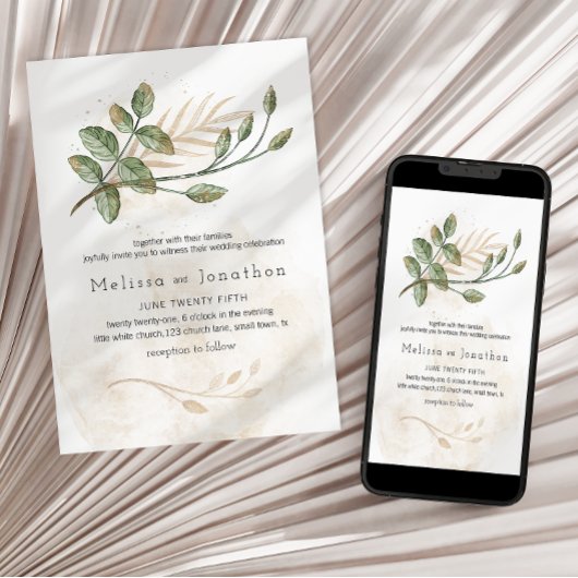 Goldrausch Grüne Blütenwelt Elegante Hochzeit Einladung