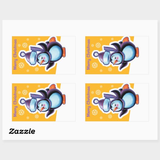 Goldrechteckiger Aufkleber in Weihnachten Pinguin  (Blatt)