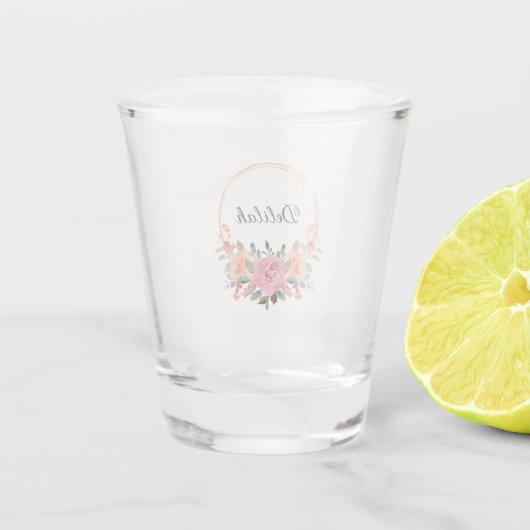 Goldrennen mit rosa und pfirsichfarbener Rose Blum Schnapsglas (Rückseite)