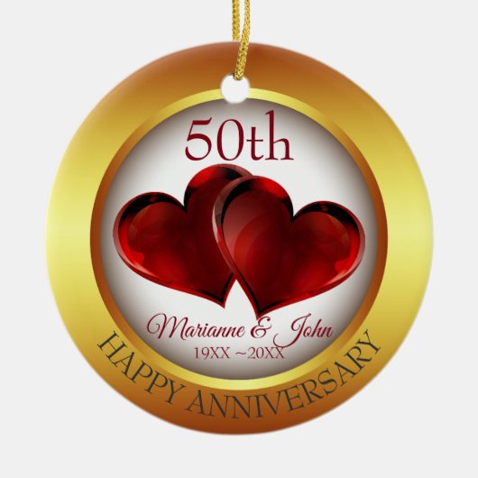 Goldring und rote Herzen Keramik Ornament (Vorne)