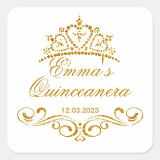 Goldrollen, individuelles Tiara Quinceanera Logo Quadratischer Aufkleber