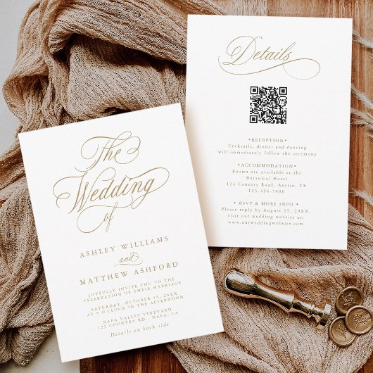 Goldromantische Kalligrafie in einer Hochzeit Einladung