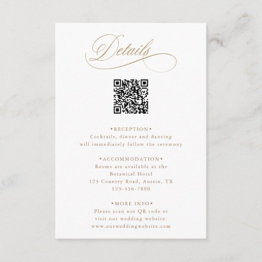 Goldromantische Kalligrafie QR Code Hochzeitdetail Begleitkarte (Vorderseite)