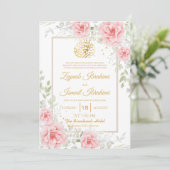 Goldromantische rosa florale islamische Hochzeit Einladung (Stehend Vorderseite)