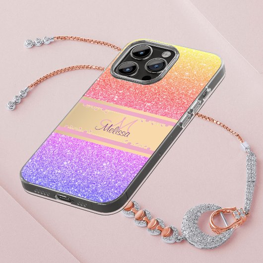 Goldrosa Lila Ombre Glittery Glam Name Monogram Case-Mate iPhone Hülle