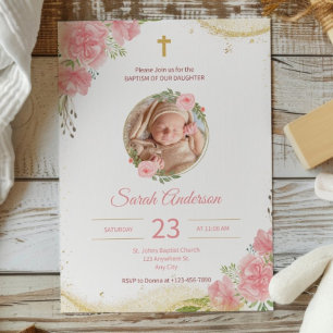 Goldrosa-Rose-Foto Taufe Christening Einladung