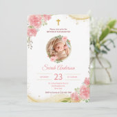 Goldrosa-Rose-Foto Taufe Christening Einladung (Stehend Vorderseite)