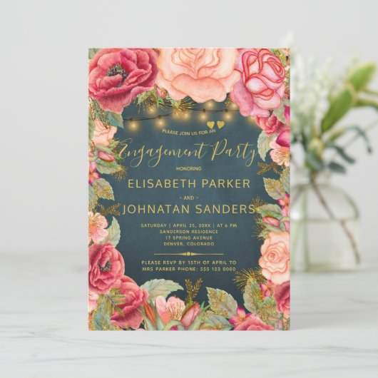 Goldrosa Rosenleuchten-Party Einladung (Stehend Vorderseite)