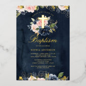 Goldrosa Taufe der Navy Folieneinladung (Vorderseite)