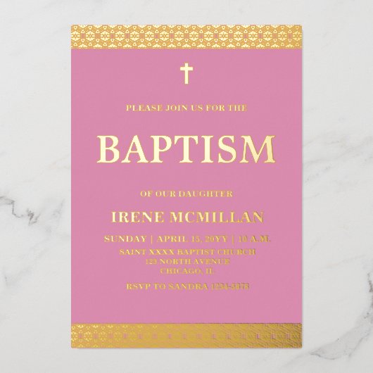 Goldrosa Taufe Einladung (Vorderseite)