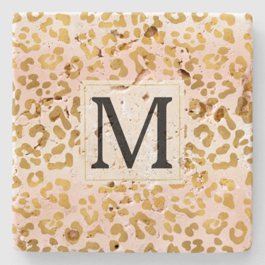 Goldrosa Weißleopard Print Monogram Steinuntersetzer (Vorderseite)