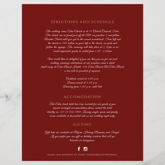 Goldrot-Monogramm-Hochzeitsgast-Informationen (Rückseite)