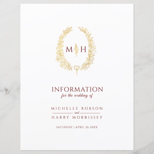 Goldrot-Monogramm-Hochzeitsgast-Informationen (Vorderseite)