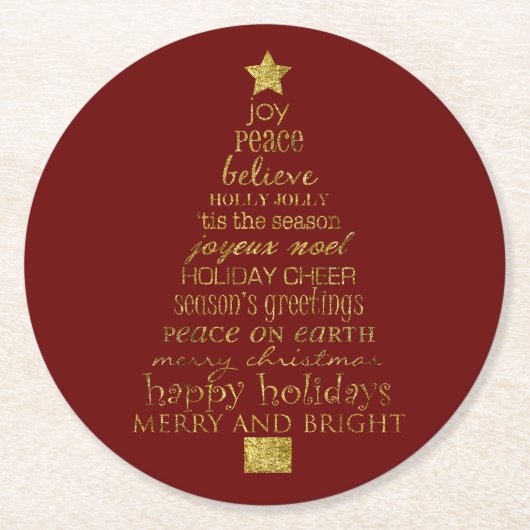 Goldrote fröhliche und helle Weihnachtsbaum-Wörter Runder Pappuntersetzer (Vorderseite)
