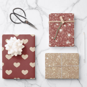 Goldrote Glitterherzen Valentinstag Geschenkpapier Set