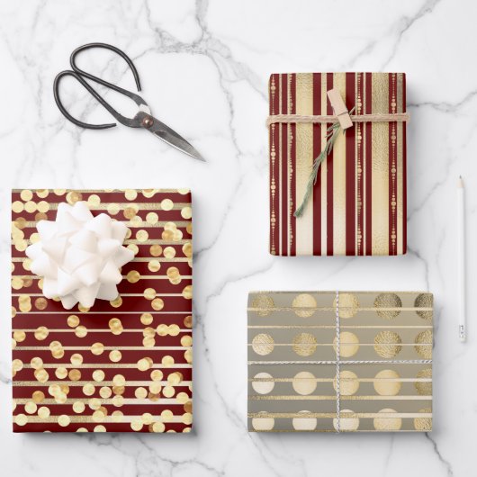 Goldrote Konfetti-Streifen elegantes formales Must Geschenkpapier Set (Vorderseite)