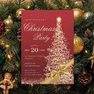 Goldroter Winter-Weihnachtsbaum-Schleife Feiertags Einladung