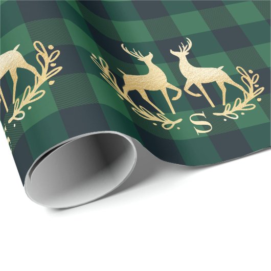 Goldrotwild-Monogramm-Grün-Büffel-kariertes Geschenkpapier (Rolleneckpunkt)