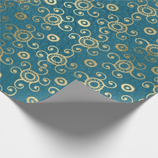 Goldrunden und Wirbel auf Aquamarinen Geschenkpapier (Ecke)