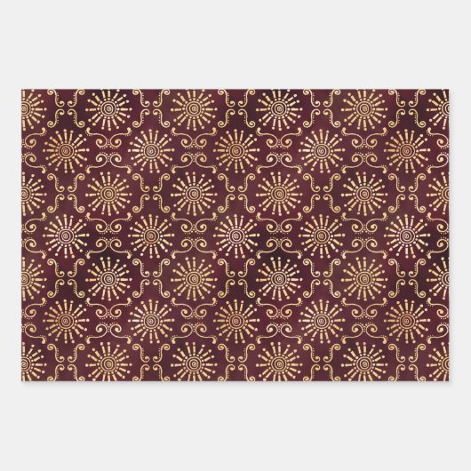 Goldrunden und Wirbel in Dunkelrot Geschenkpapier Set (Vorderseite 3)